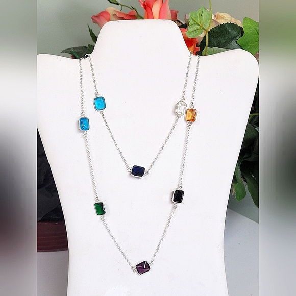 Handmade Jewelry - Multicolor Faceted Gemstones Silver Necklace. Gorgeous ✨️ 😍 36" crystal